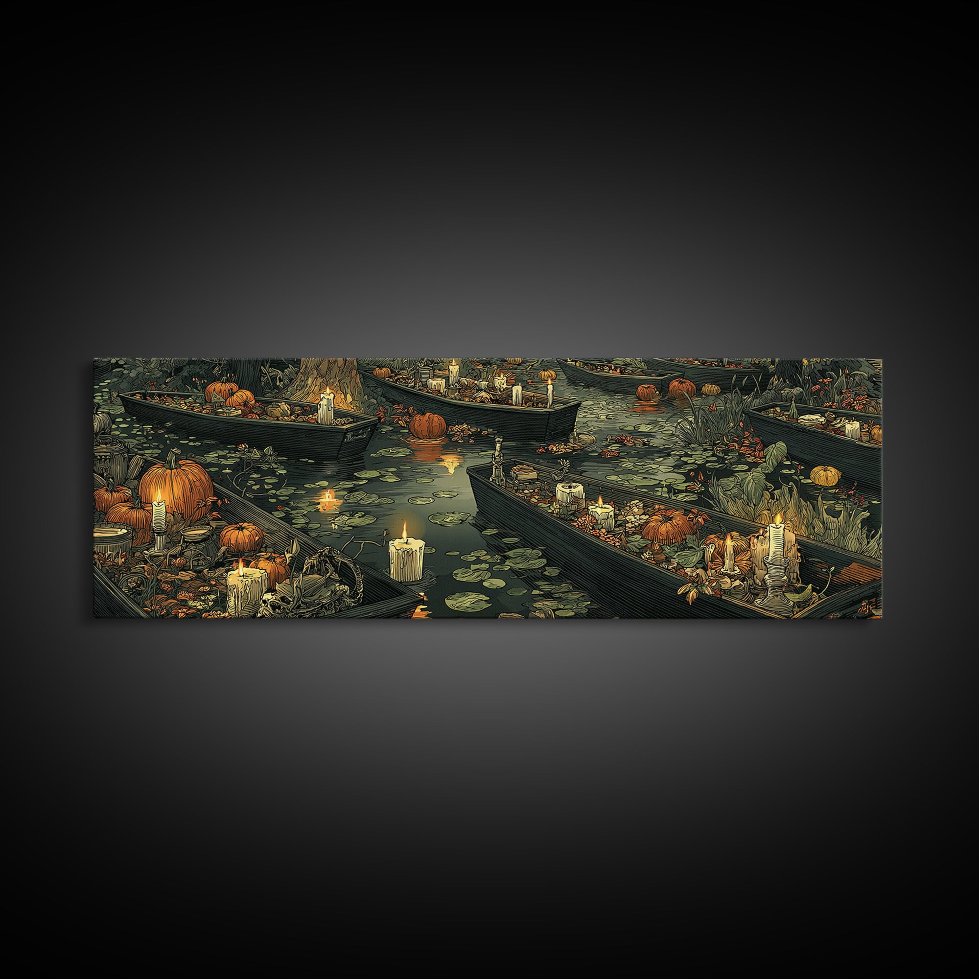 The Floating Coffin Garden - Occult Still Life, Spooky Wall Decor, Extra Wide Wall Art, Framed Canvas Print, Halloween Home Decor