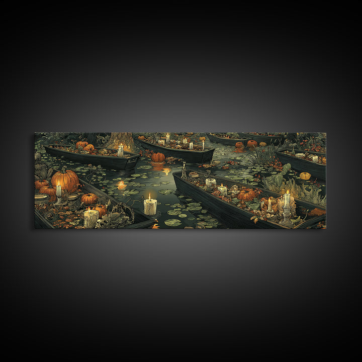 The Floating Coffin Garden - Occult Still Life, Spooky Wall Decor, Extra Wide Wall Art, Framed Canvas Print, Halloween Home Decor