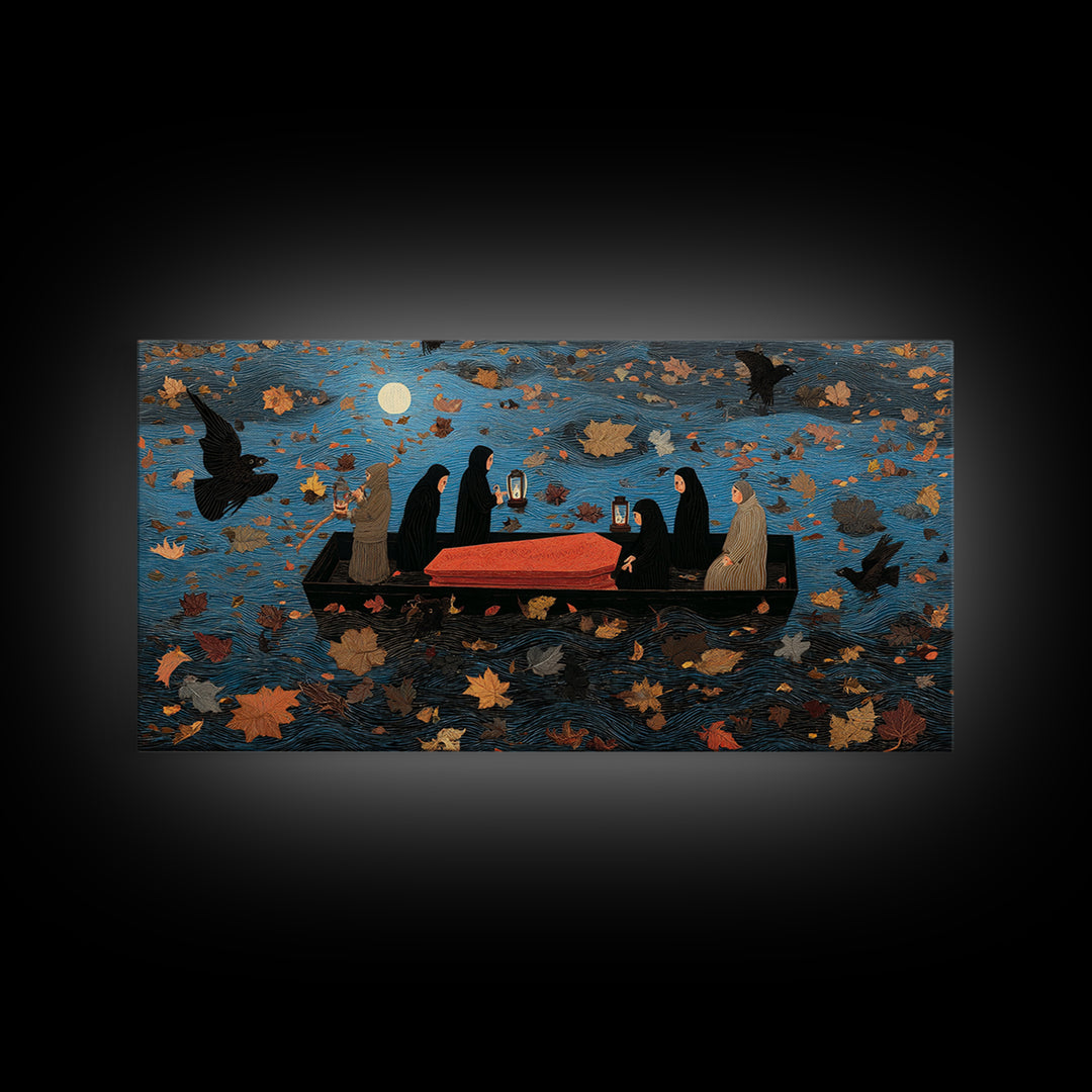 The Floating Coffin Garden - Procession Scene, Macabre Halloween Art, Wide Panoramic Art, Framed Canvas Print, Halloween Home Decor