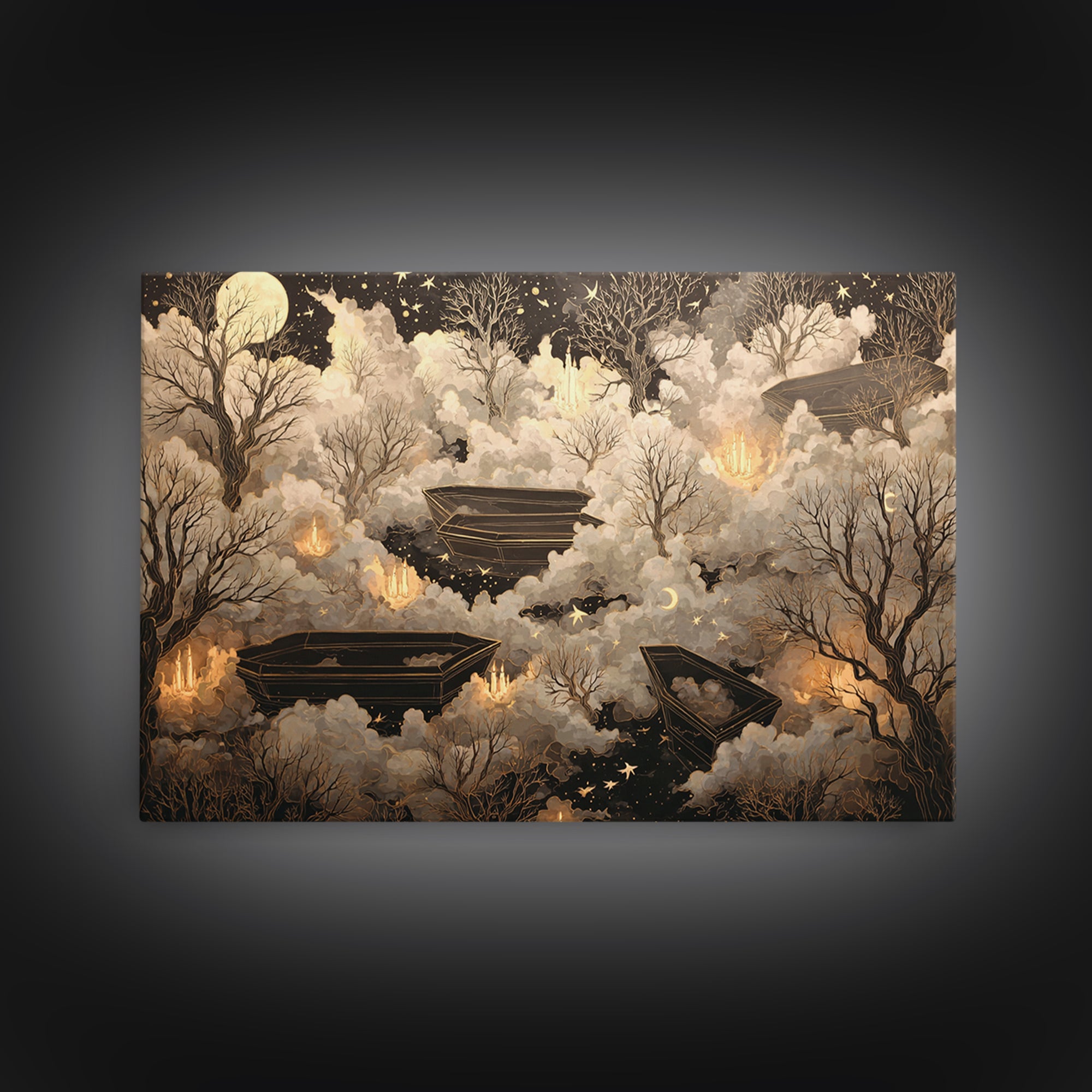 The Floating Coffin Garden - Surreal Celestial Vision, Macabre Halloween Art, Landscape Wall Art, Framed Canvas Print, Halloween Home Decor