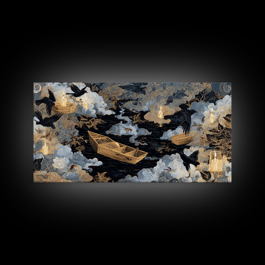 The Floating Coffin Garden - Surreal Celestial Vision, Halloween Wall Art, Wide Panoramic Art, Framed Canvas Print, Halloween Home Decor