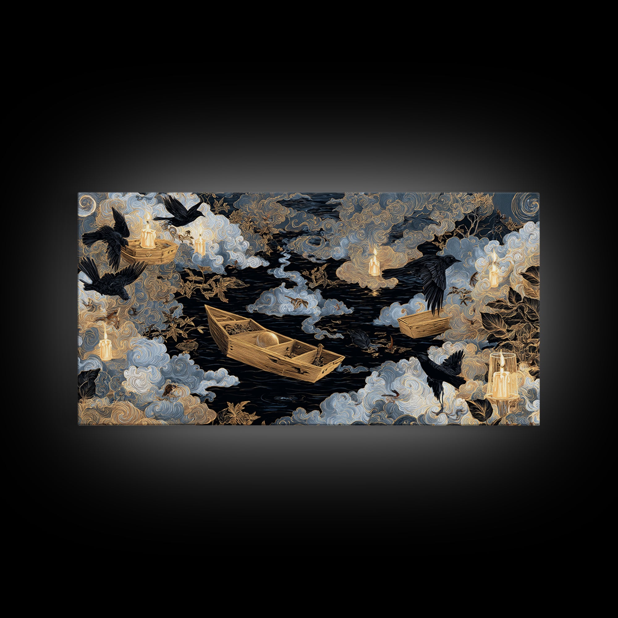 The Floating Coffin Garden - Surreal Celestial Vision, Halloween Wall Art, Wide Panoramic Art, Framed Canvas Print, Halloween Home Decor
