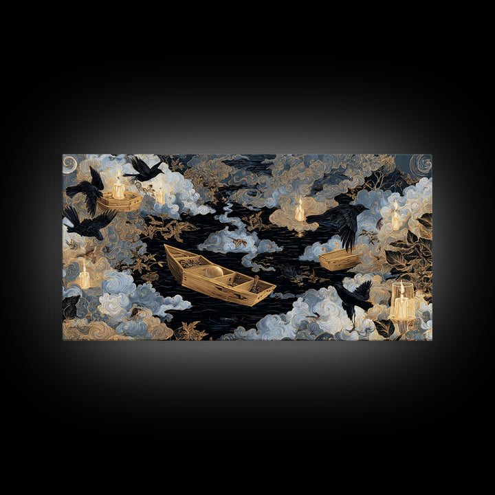 The Floating Coffin Garden - Surreal Celestial Vision, Halloween Wall Art, Wide Panoramic Art, Framed Canvas Print, Halloween Home Decor