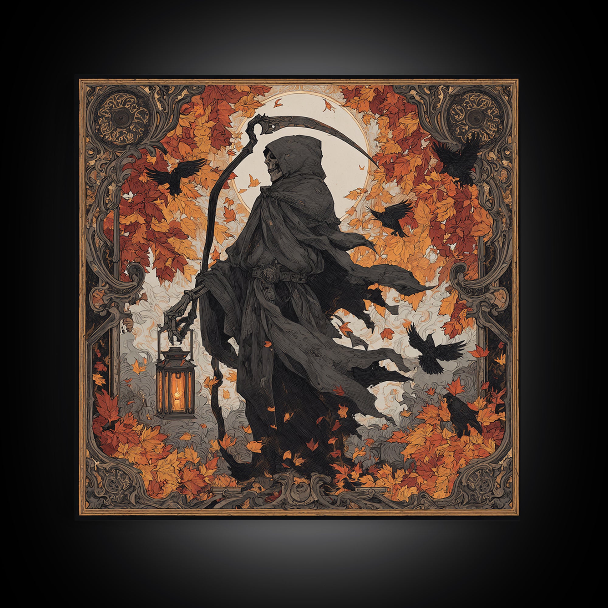 The Autumn Reaper Parade - Icon Portrait, Spooky Wall Decor, Square Wall Art, Framed Canvas Print, Halloween Home Decor, Gothic Wall Art