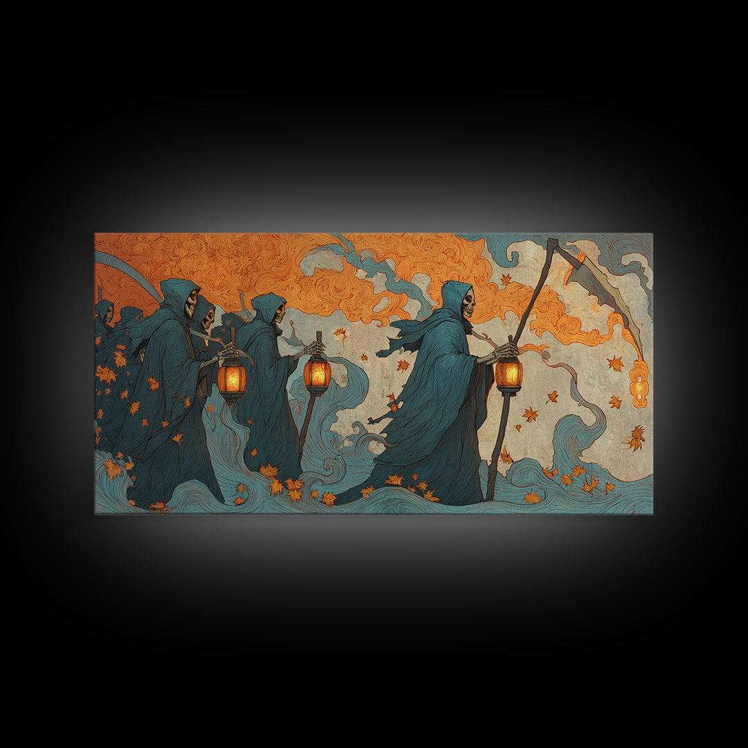 The Autumn Reaper Parade - Icon Portrait, Dark Fantasy Wall Art, Wide Panoramic Art, Canvas Print, Halloween Home Decor, Gothic Wall Art