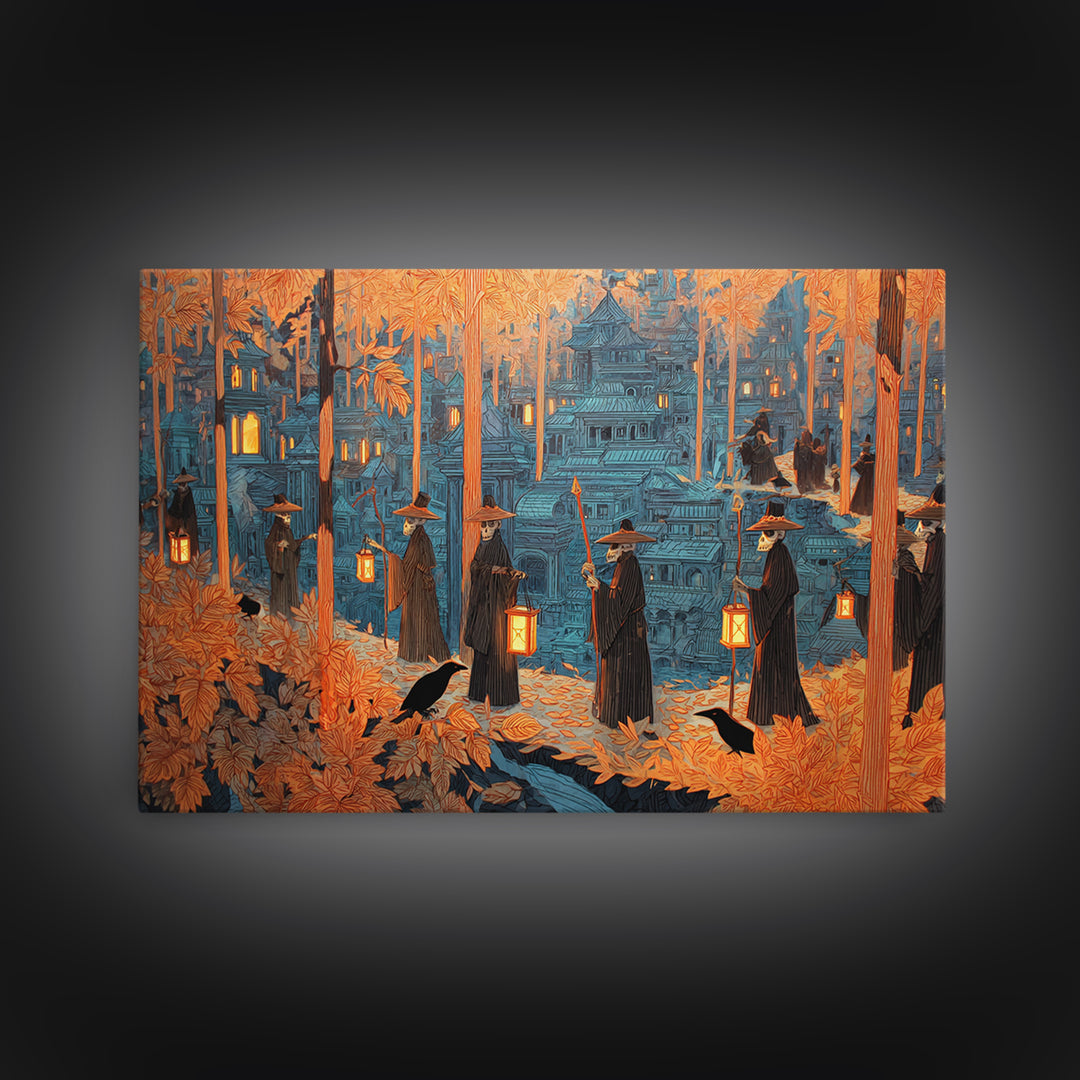The Autumn Reaper Parade - Environmental Panorama, Macabre Halloween Art, Landscape Wall Art, Framed Canvas Print, Halloween Home Decor