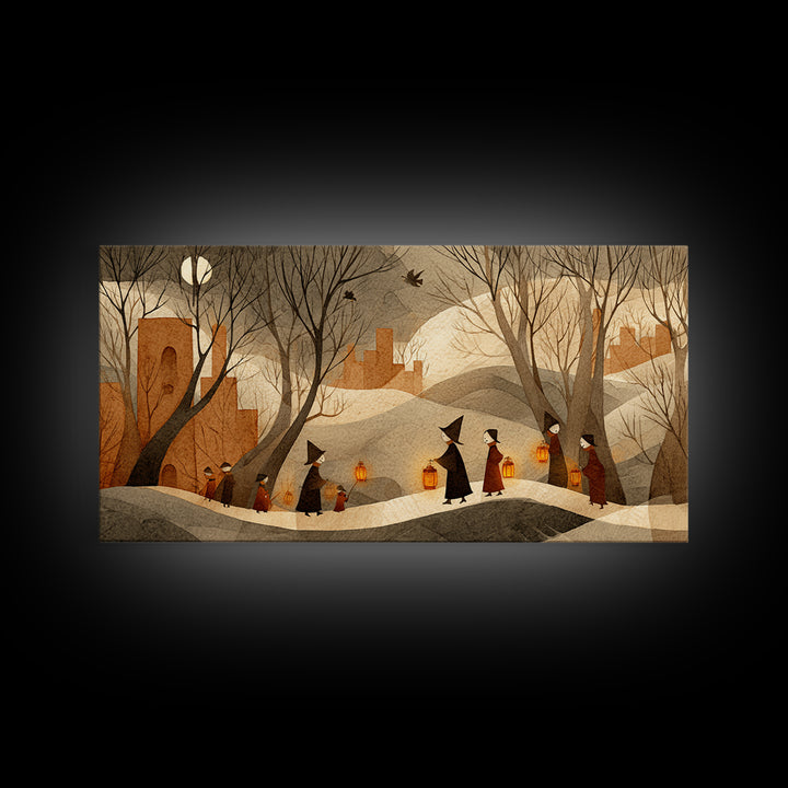 The Autumn Reaper Parade - Environmental Panorama, Spooky Wall Decor, Wide Panoramic Art, Framed Canvas Print, Halloween Home Decor