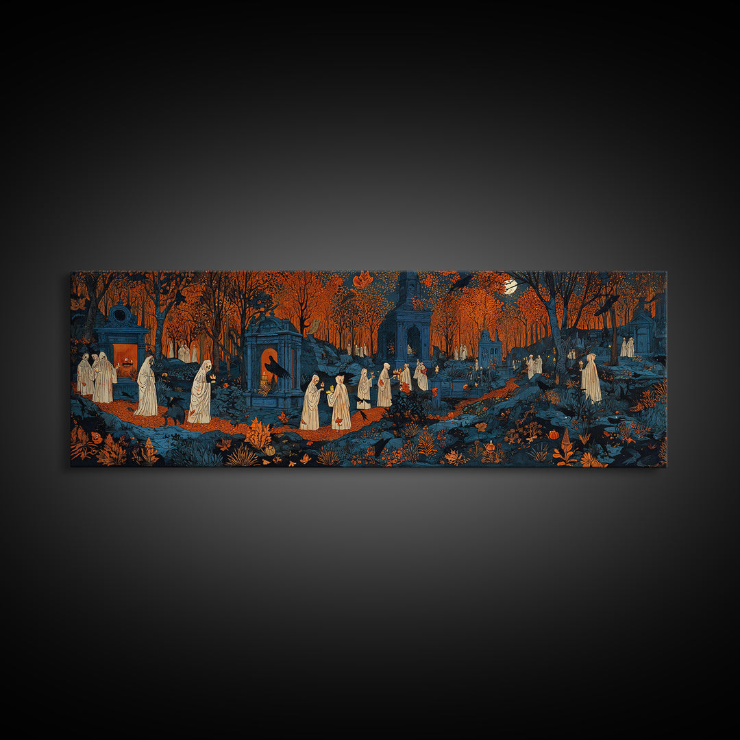The Autumn Reaper Parade - Environmental Panorama, Spooky Wall Decor, Extra Wide Wall Art, Framed Canvas Print, Halloween Home Decor