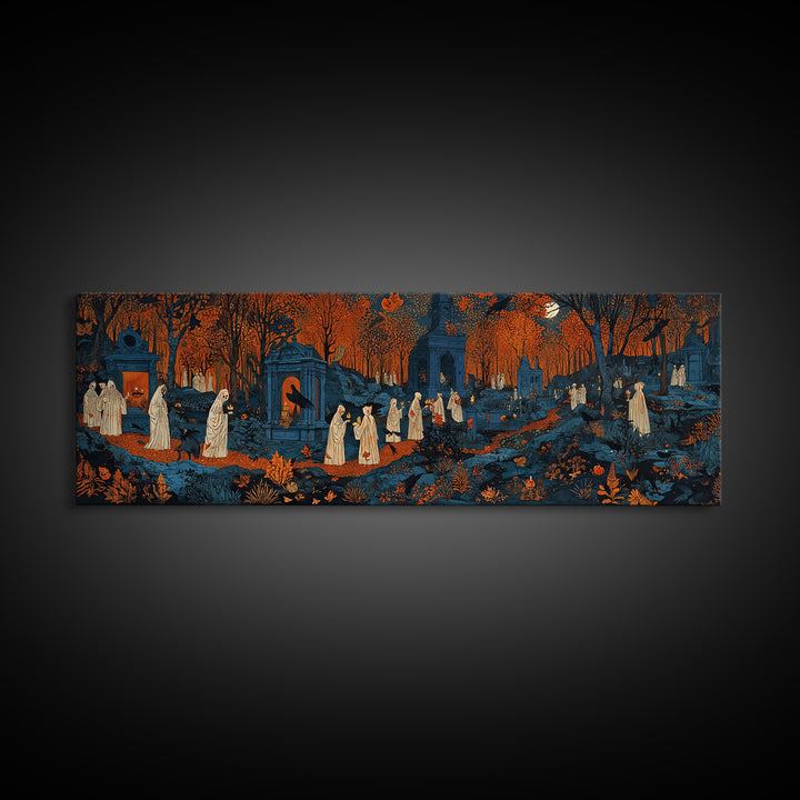 The Autumn Reaper Parade - Environmental Panorama, Spooky Wall Decor, Extra Wide Wall Art, Framed Canvas Print, Halloween Home Decor