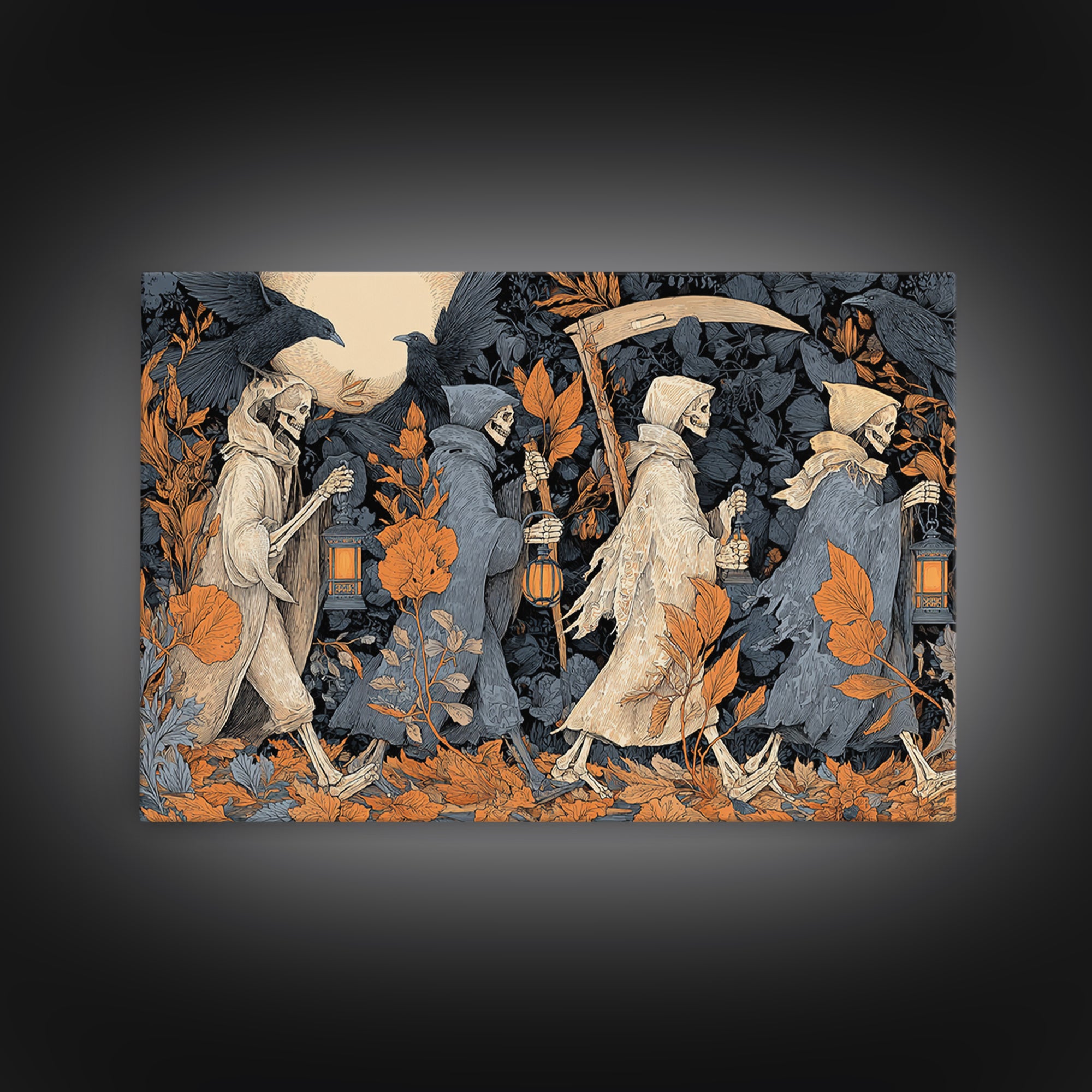 The Autumn Reaper Parade - Occult Still Life, Halloween Wall Art, Landscape Wall Art, Framed Canvas Print, Halloween Home Decor