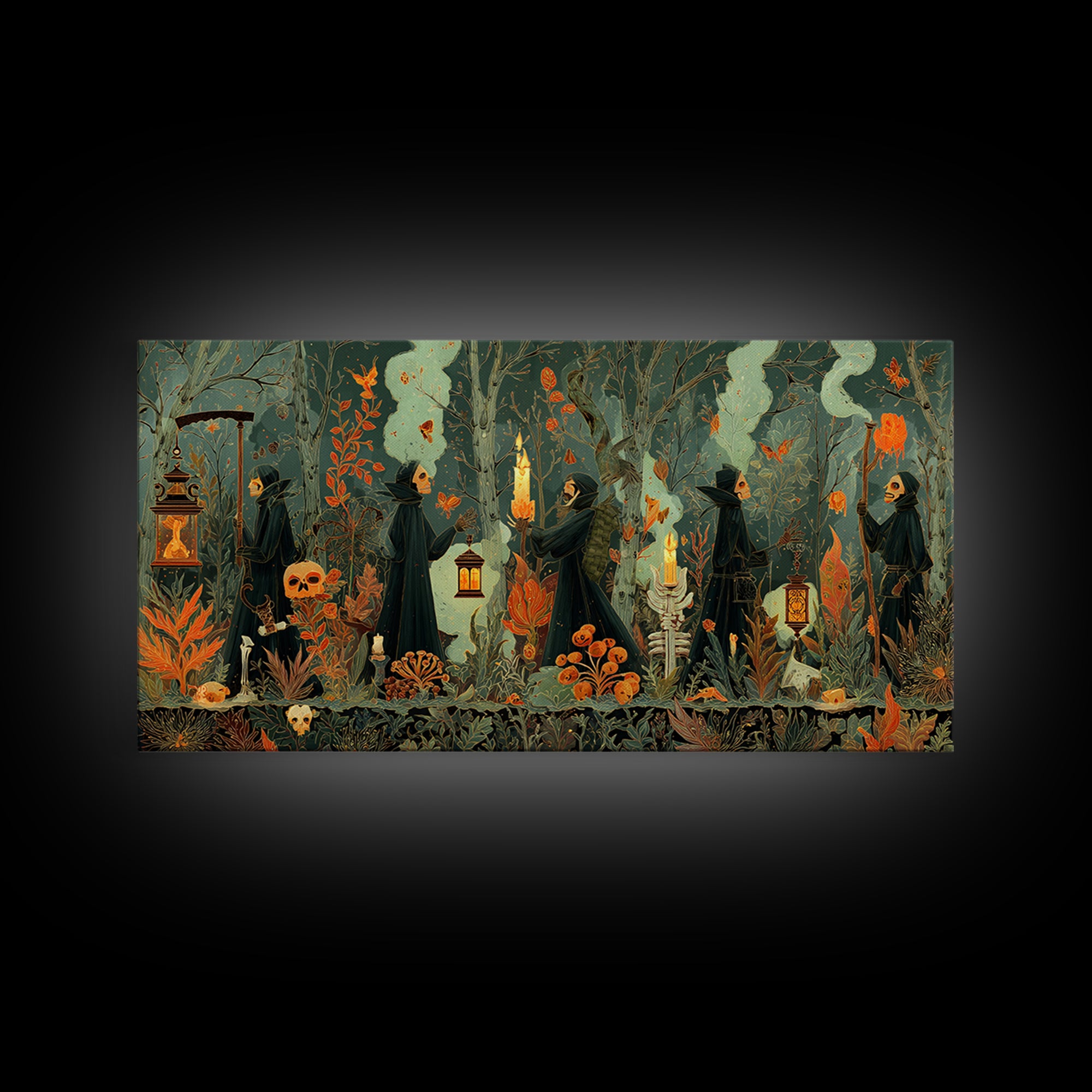 The Autumn Reaper Parade - Occult Still Life, Occult Wall Decor, Wide Panoramic Art, Canvas Print, Halloween Home Decor, Gothic Wall Art