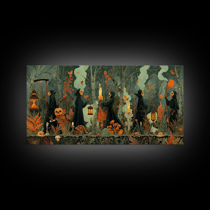 The Autumn Reaper Parade - Occult Still Life, Occult Wall Decor, Wide Panoramic Art, Canvas Print, Halloween Home Decor, Gothic Wall Art