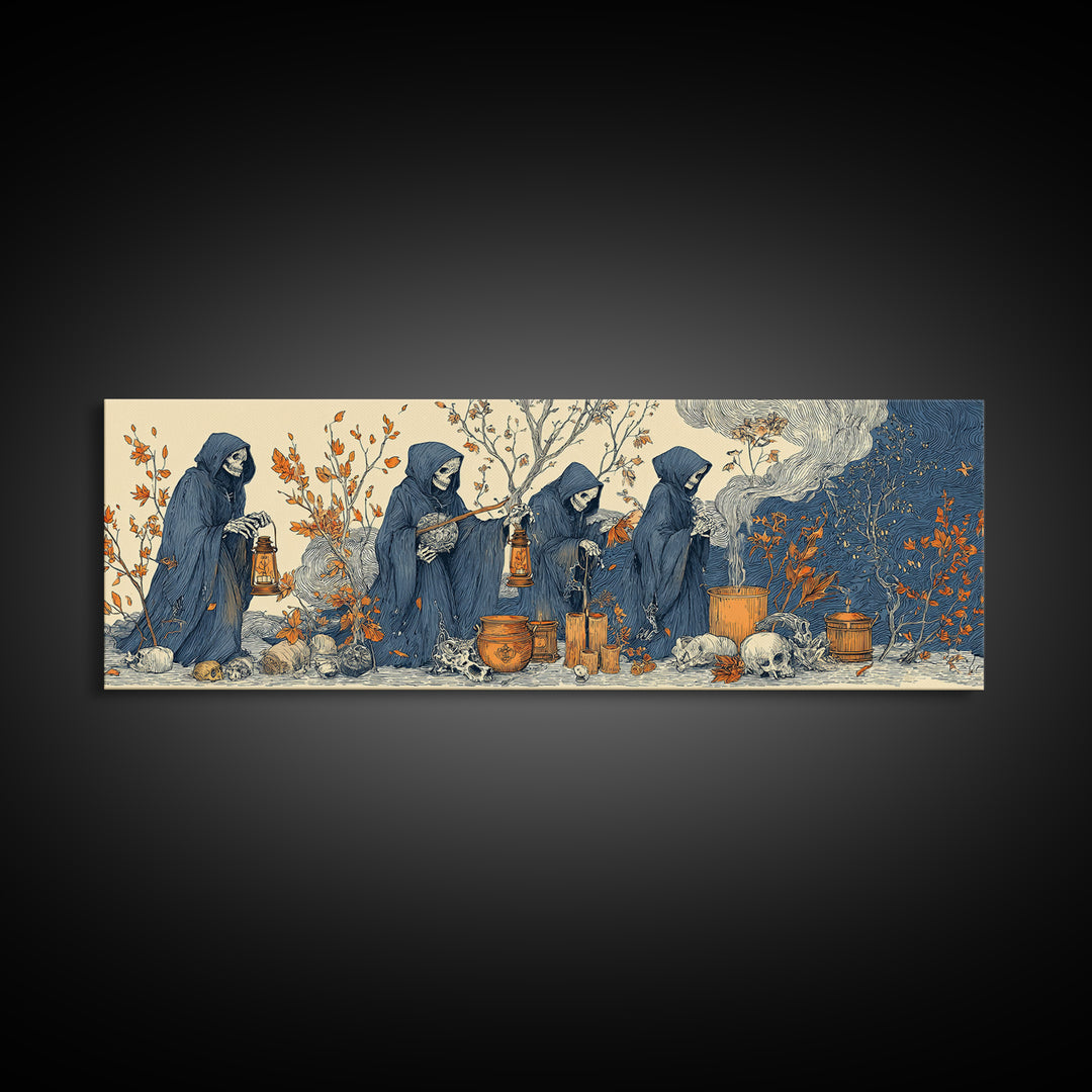 The Autumn Reaper Parade - Occult Still Life, Halloween Wall Art, Extra Wide Wall Art, Framed Canvas Print, Halloween Home Decor