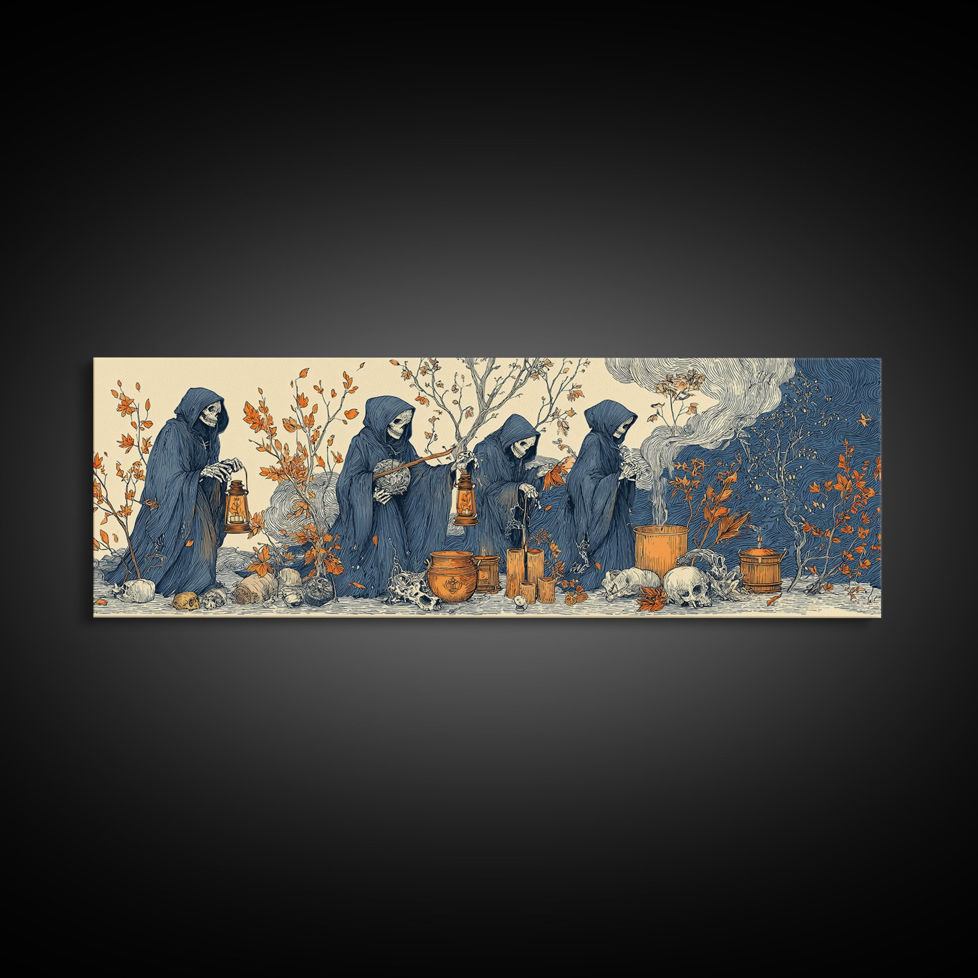 The Autumn Reaper Parade - Occult Still Life, Halloween Wall Art, Extra Wide Wall Art, Framed Canvas Print, Halloween Home Decor