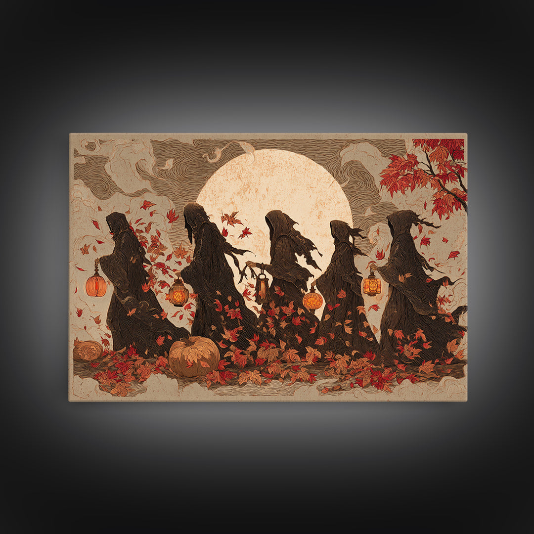 The Autumn Reaper Parade - Procession Scene, Macabre Halloween Art, Landscape Wall Art, Framed Canvas Print, Halloween Home Decor