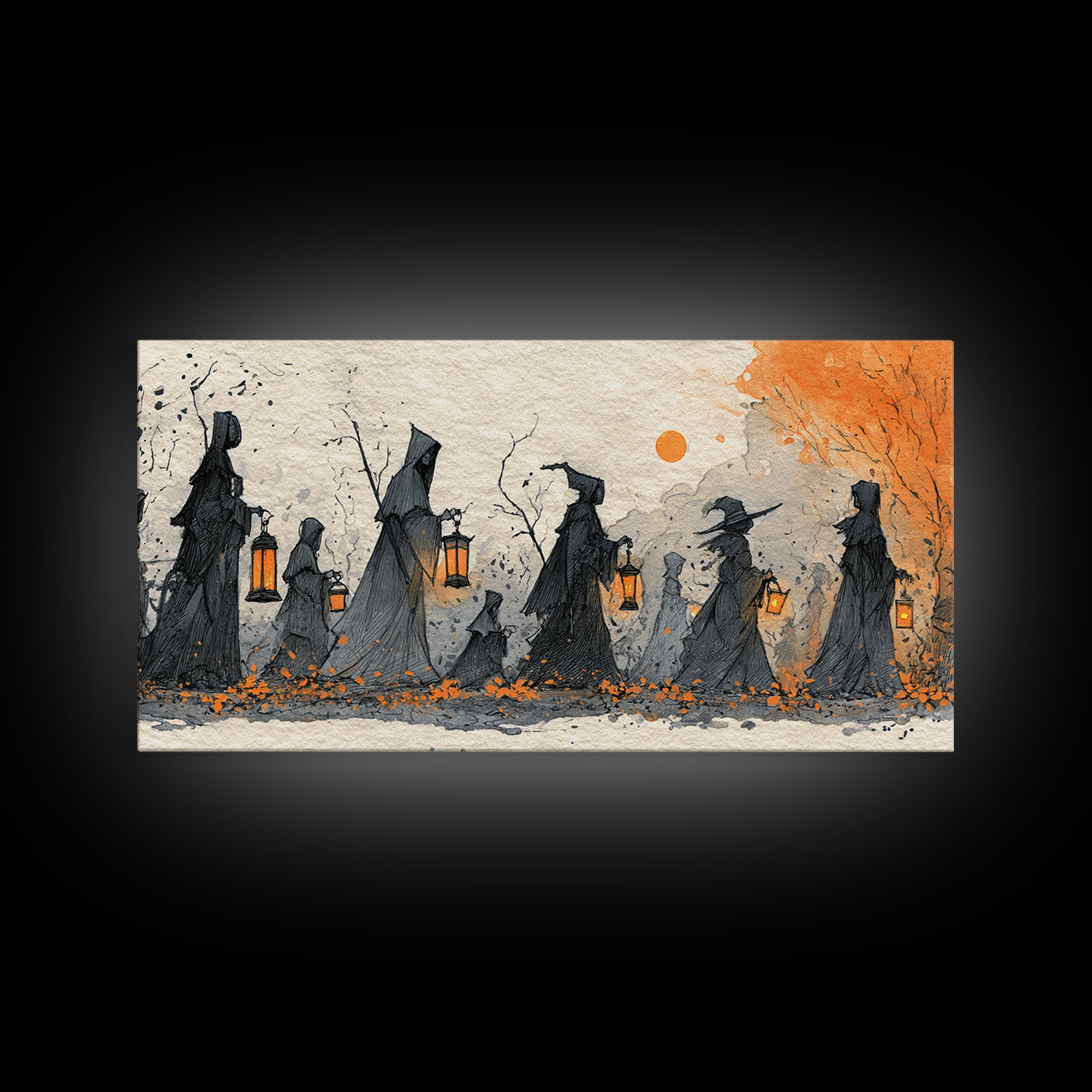 The Autumn Reaper Parade - Procession Scene, Spooky Wall Decor, Wide Panoramic Art, Framed Canvas Print, Halloween Home Decor