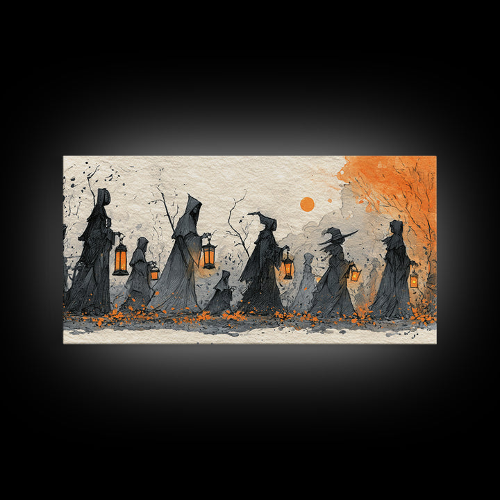 The Autumn Reaper Parade - Procession Scene, Spooky Wall Decor, Wide Panoramic Art, Framed Canvas Print, Halloween Home Decor
