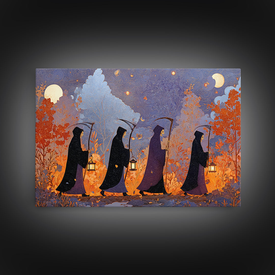 The Autumn Reaper Parade - Surreal Celestial Vision, Spooky Wall Decor, Landscape Wall Art, Framed Canvas Print, Halloween Home Decor