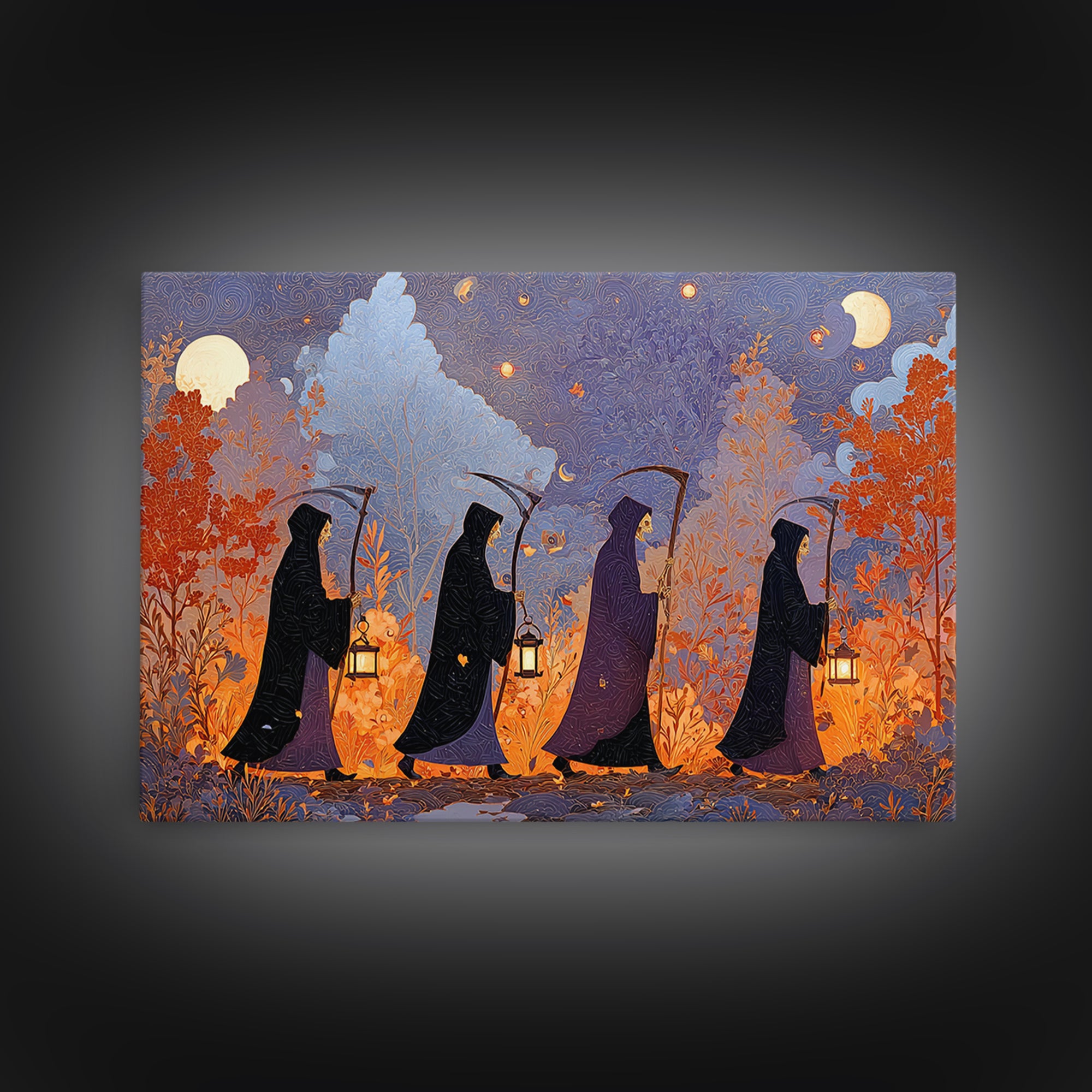 The Autumn Reaper Parade - Surreal Celestial Vision, Spooky Wall Decor, Landscape Wall Art, Framed Canvas Print, Halloween Home Decor