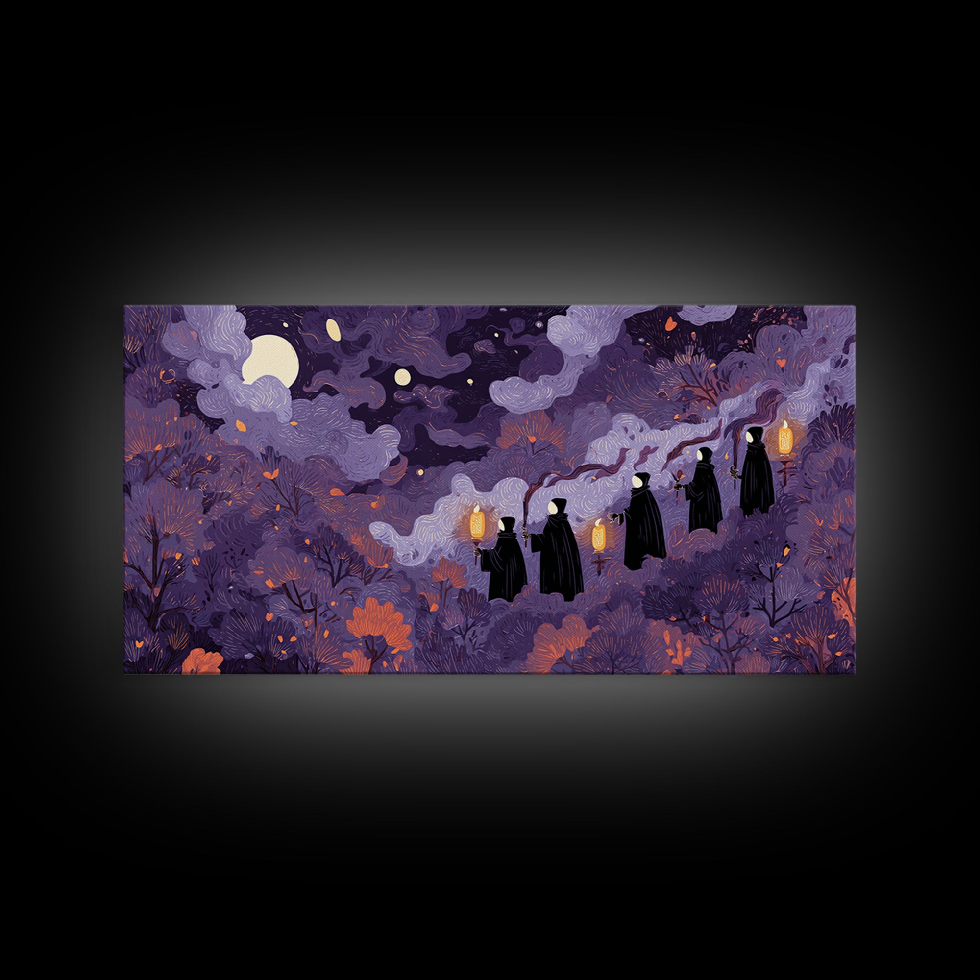 The Autumn Reaper Parade - Surreal Celestial Vision, Gothic Home Decor, Wide Panoramic Art, Canvas Print, Halloween Home Decor