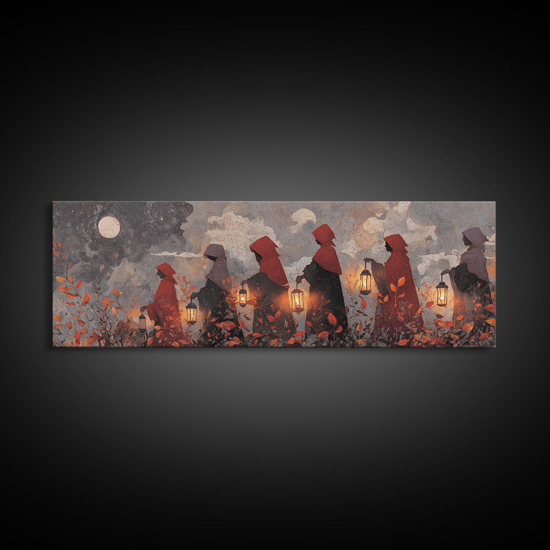 The Autumn Reaper Parade - Surreal Celestial Vision, Spooky Wall Decor, Extra Wide Wall Art, Framed Canvas Print, Halloween Home Decor