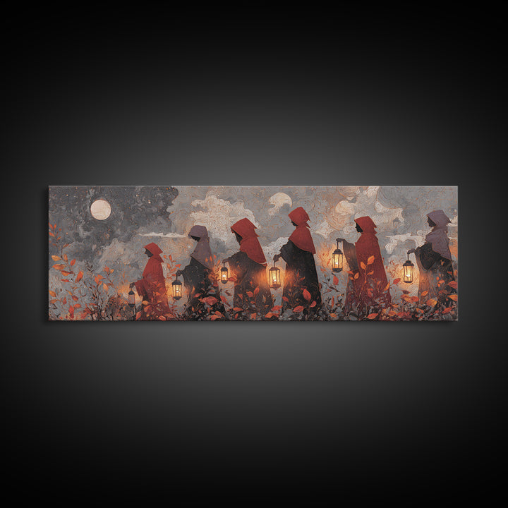 The Autumn Reaper Parade - Surreal Celestial Vision, Spooky Wall Decor, Extra Wide Wall Art, Framed Canvas Print, Halloween Home Decor