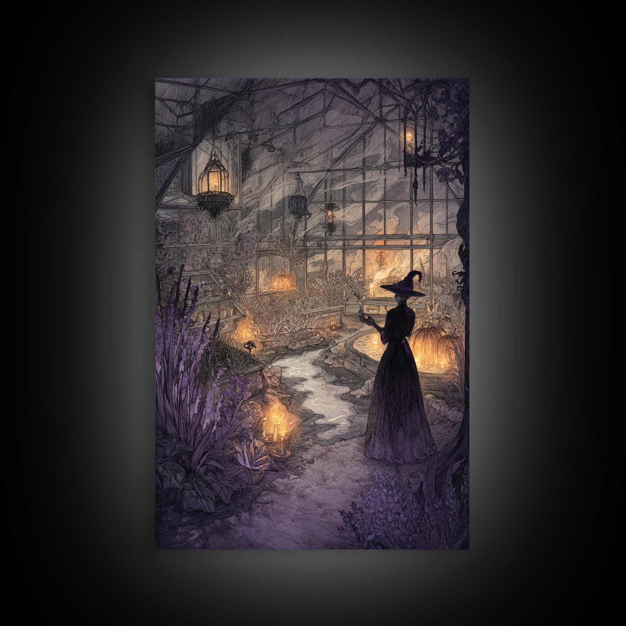 The Witch Queen Greenhouse - Environmental Panorama, Halloween Wall Art, Vertical Wall Art, Framed Canvas Print, Halloween Home Decor