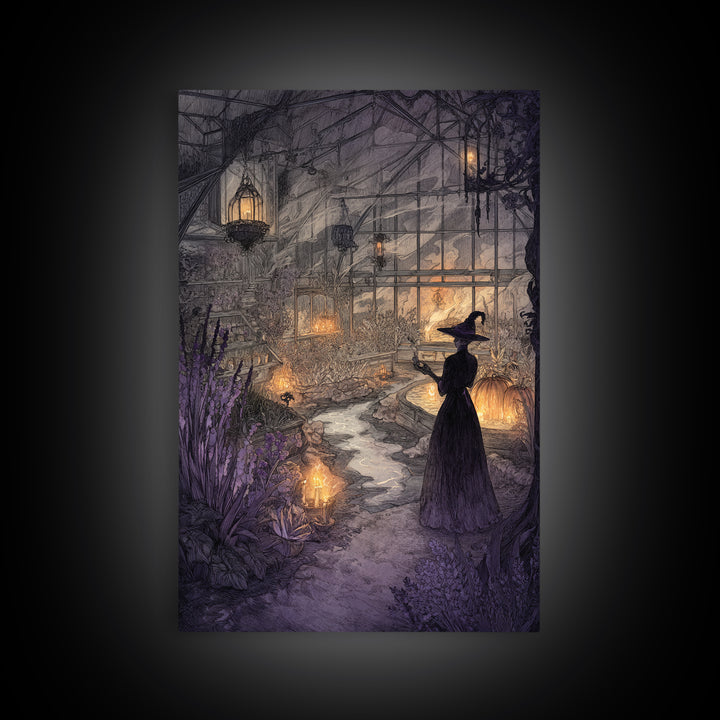 The Witch Queen Greenhouse - Environmental Panorama, Halloween Wall Art, Vertical Wall Art, Framed Canvas Print, Halloween Home Decor