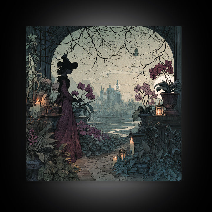 The Witch Queen Greenhouse - Environmental Panorama, Spooky Wall Decor, Square Wall Art, Framed Canvas Print, Halloween Home Decor