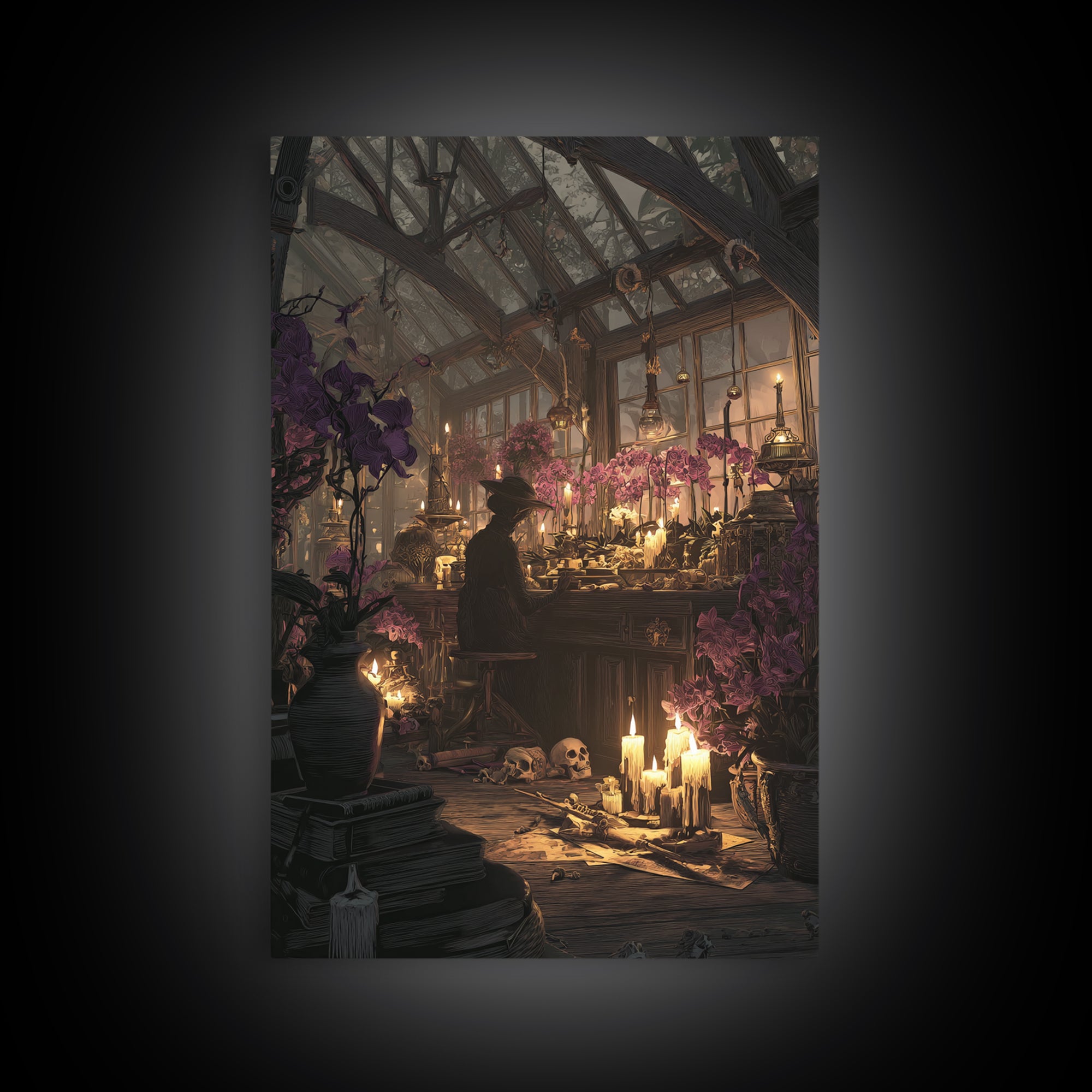 The Witch Queen Greenhouse - Occult Still Life, Macabre Halloween Art, Vertical Wall Art, Framed Canvas Print, Halloween Home Decor