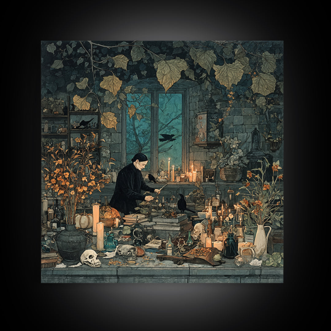 The Witch Queen Greenhouse - Occult Still Life, Gothic Home Decor, Square Wall Art, Canvas Print, Halloween Home Decor, Gothic Wall Art