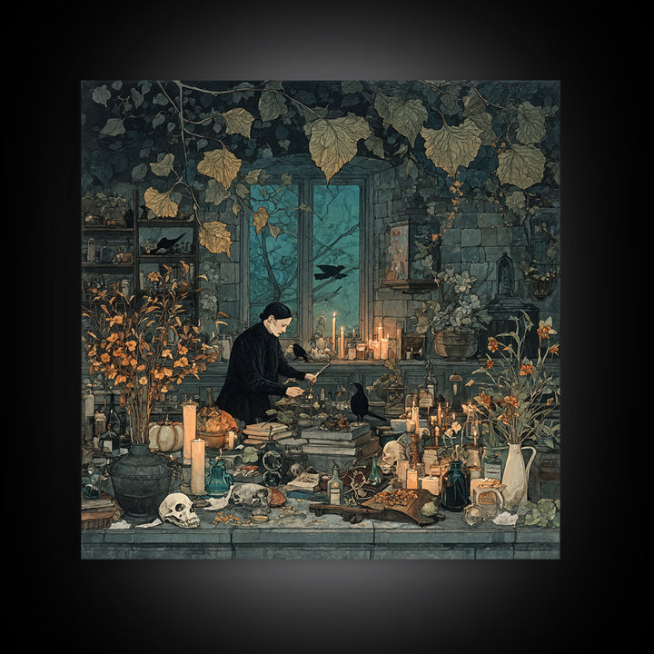 The Witch Queen Greenhouse - Occult Still Life, Gothic Home Decor, Square Wall Art, Canvas Print, Halloween Home Decor, Gothic Wall Art