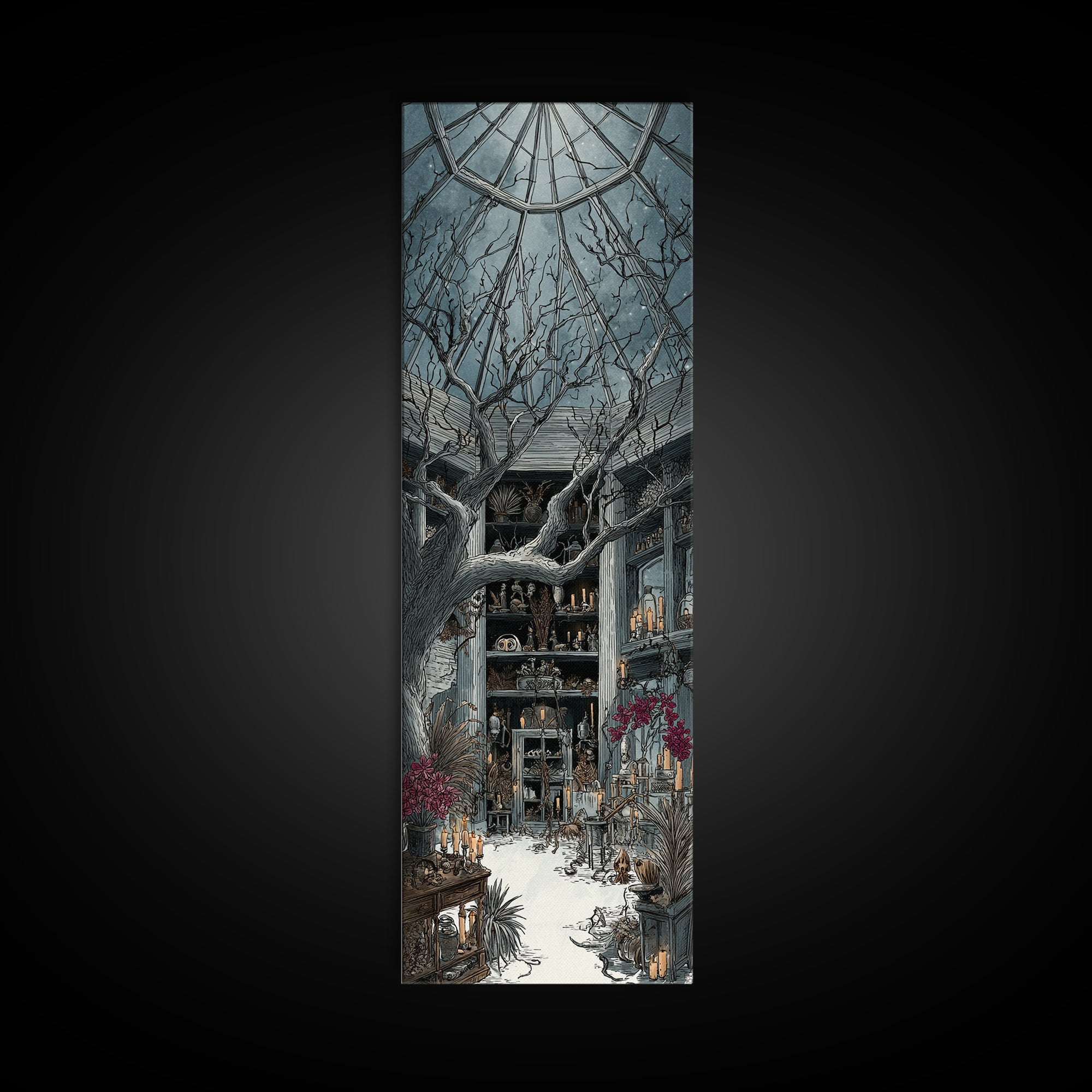 The Witch Queen Greenhouse - Occult Still Life, Spooky Wall Decor, Tall Narrow Wall Art, Framed Canvas Print, Halloween Home Decor
