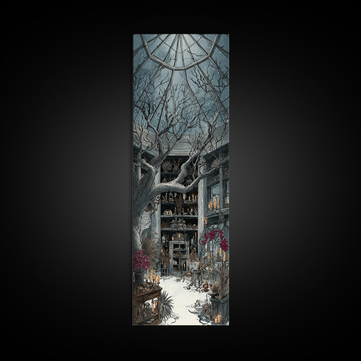 The Witch Queen Greenhouse - Occult Still Life, Spooky Wall Decor, Tall Narrow Wall Art, Framed Canvas Print, Halloween Home Decor