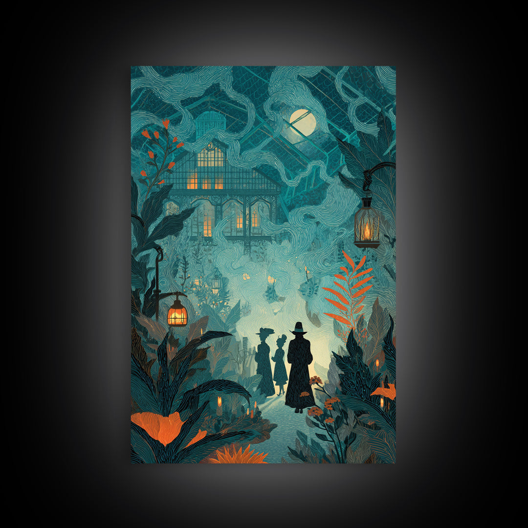 The Witch Queen Greenhouse - Procession Scene, Macabre Halloween Art, Vertical Wall Art, Framed Canvas Print, Halloween Home Decor