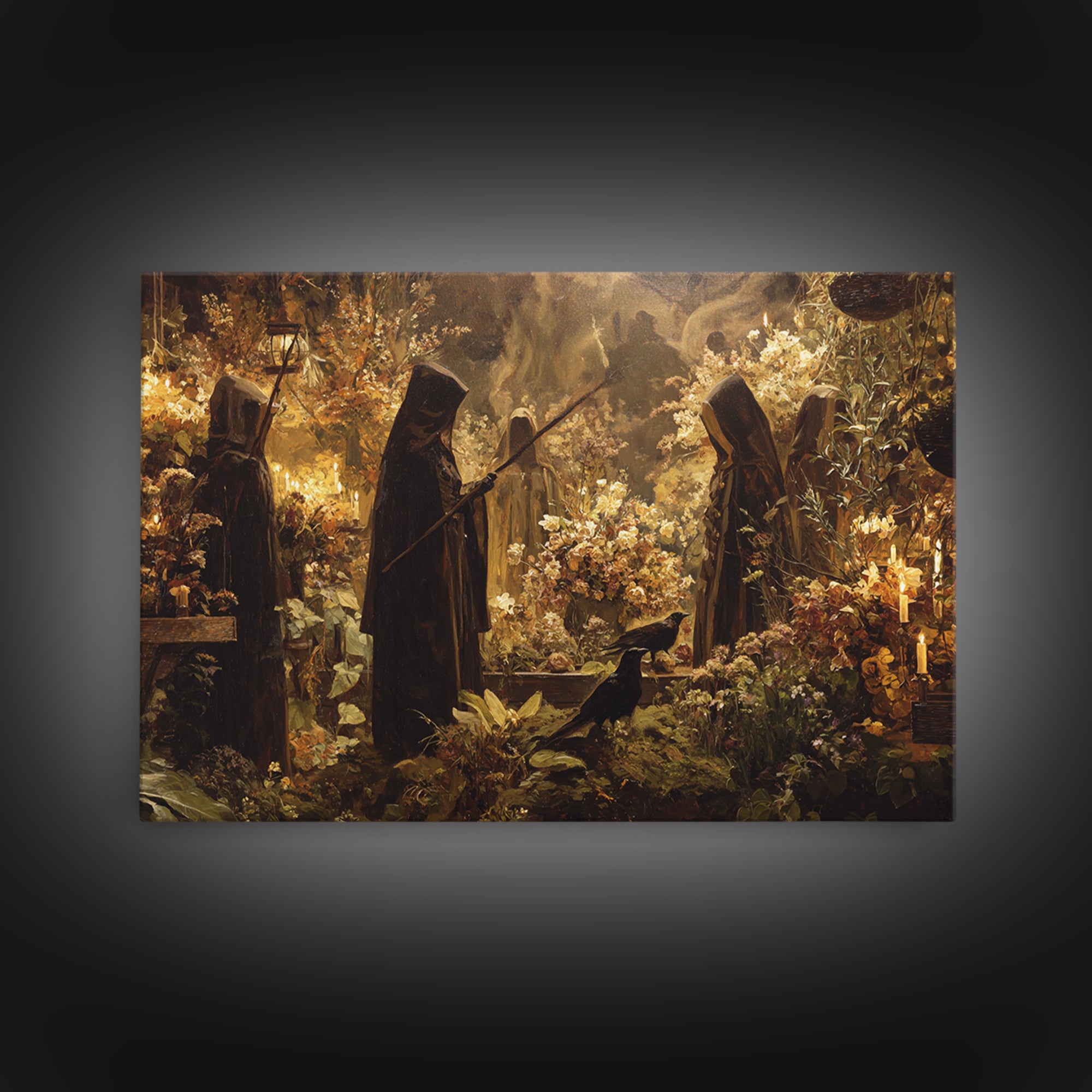 The Witch Queen Greenhouse - Procession Scene, Spooky Wall Decor, Landscape Wall Art, Framed Canvas Print, Halloween Home Decor