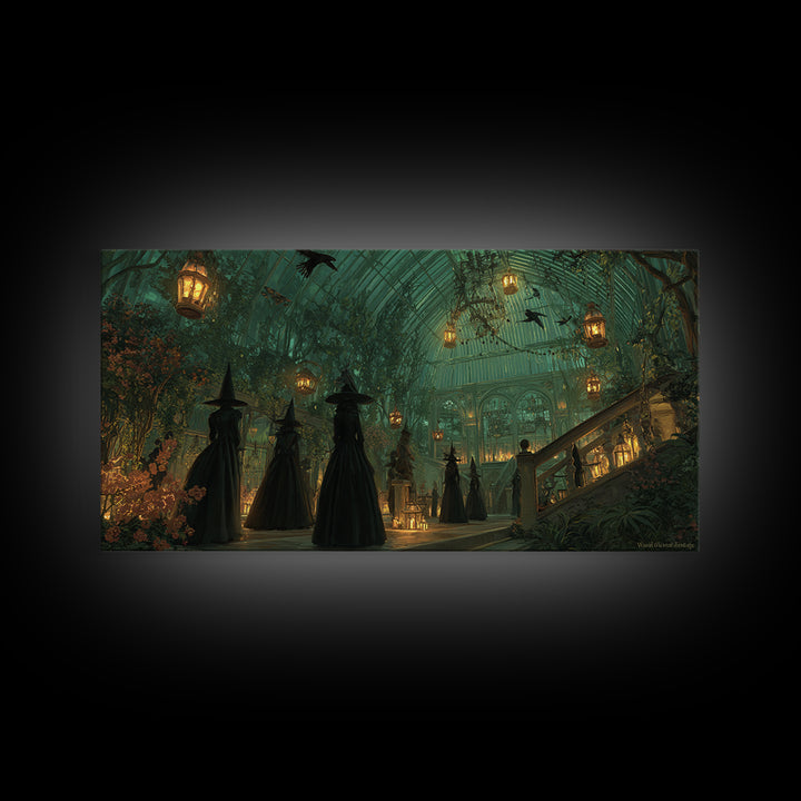 The Witch Queen Greenhouse - Procession Scene, Spooky Wall Decor, Wide Panoramic Art, Framed Canvas Print, Halloween Home Decor