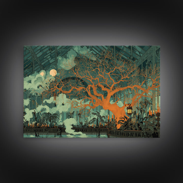 The Witch Queen Greenhouse - Surreal Celestial Vision, Dark Fantasy Wall Art, Landscape Wall Art, Canvas Print, Halloween Home Decor