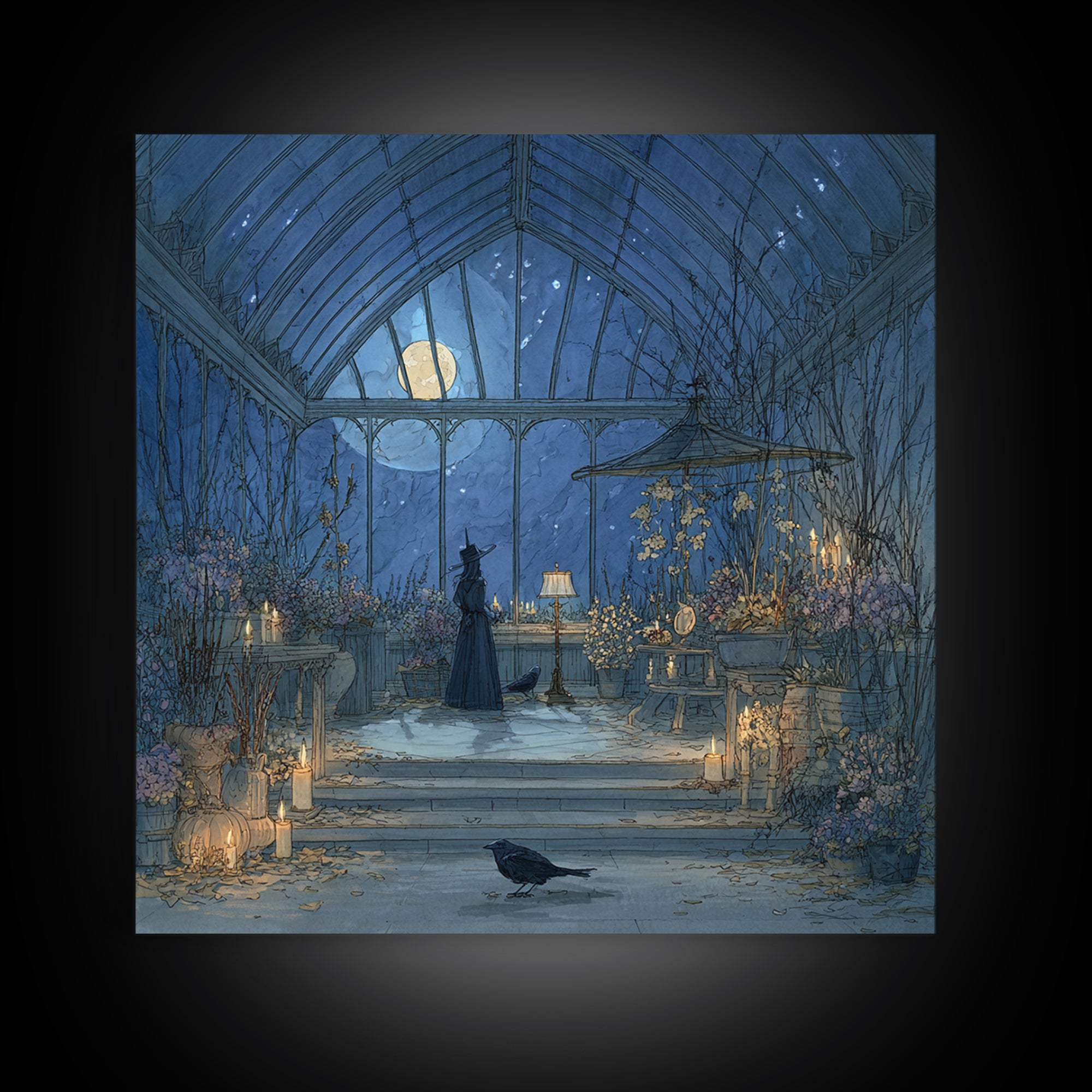 The Witch Queen Greenhouse - Surreal Celestial Vision, Spooky Wall Decor, Square Wall Art, Framed Canvas Print, Halloween Home Decor