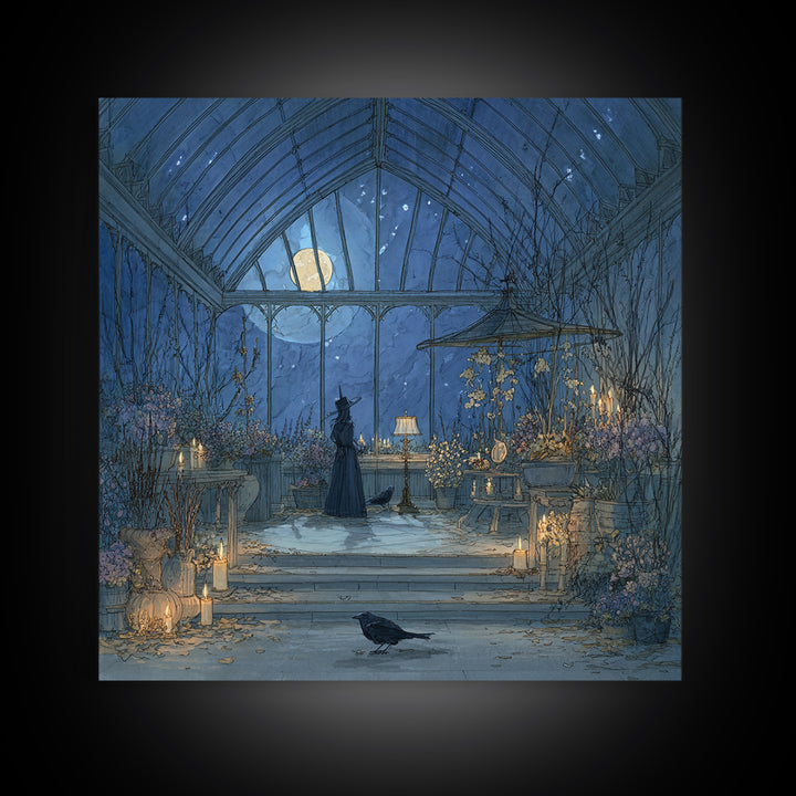 The Witch Queen Greenhouse - Surreal Celestial Vision, Spooky Wall Decor, Square Wall Art, Framed Canvas Print, Halloween Home Decor