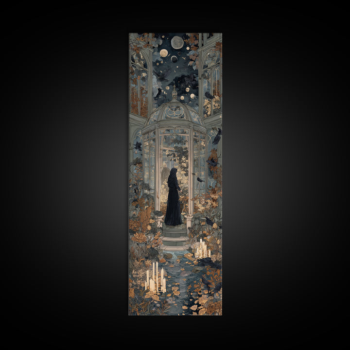 The Witch Queen Greenhouse - Surreal Celestial Vision, Spooky Wall Decor, Tall Narrow Wall Art, Framed Canvas Print, Halloween Home Decor