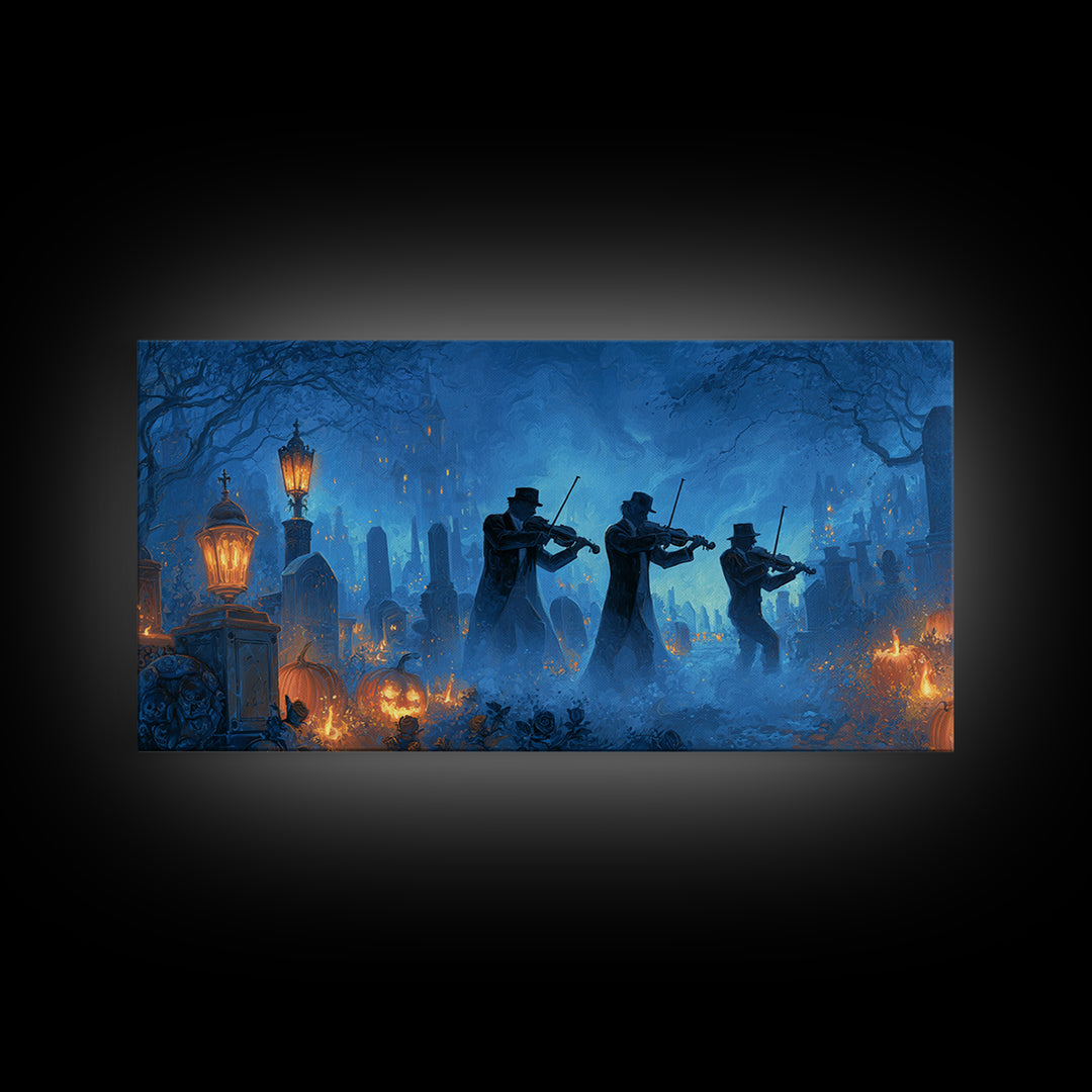 The Ghostly Violin Procession - Icon Portrait, Halloween Wall Art, Wide Panoramic Art, Framed Canvas Print, Halloween Home Decor