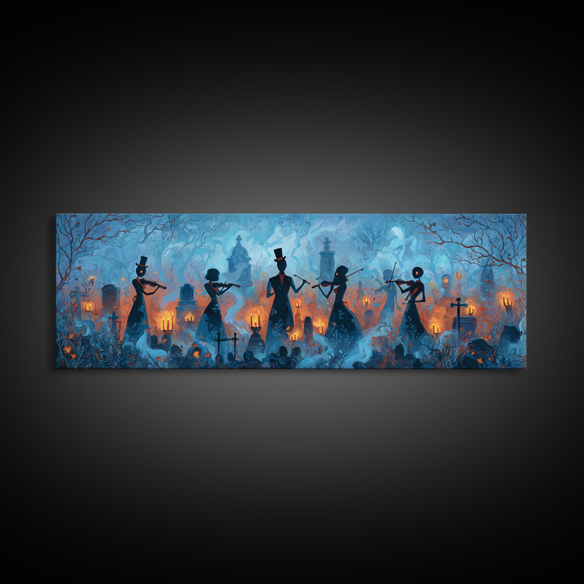 The Ghostly Violin Procession - Icon Portrait, Macabre Halloween Art, Extra Wide Wall Art, Framed Canvas Print, Halloween Home Decor