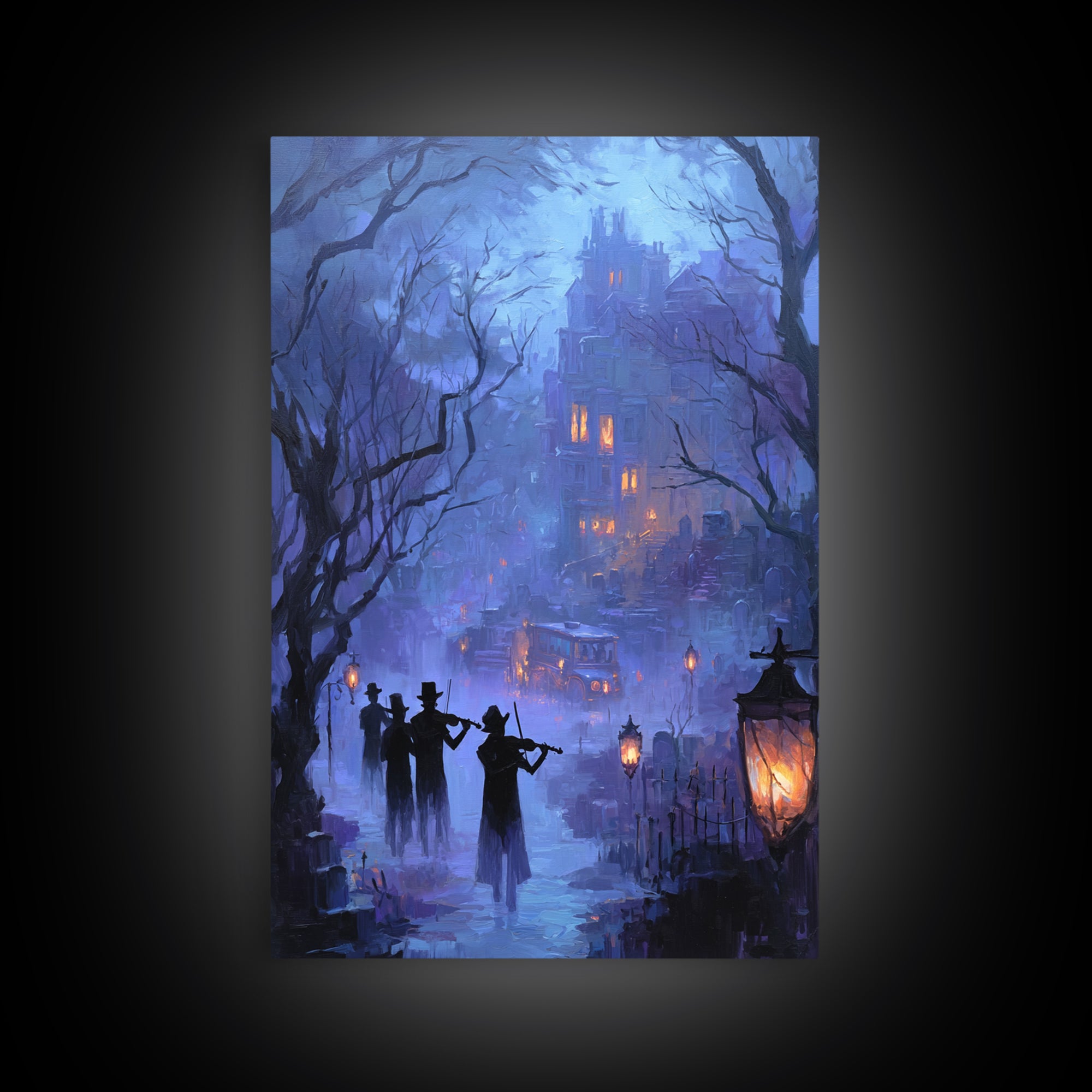 The Ghostly Violin Procession - Environmental Panorama, Spooky Wall Decor, Vertical Wall Art, Framed Canvas Print, Halloween Home Decor
