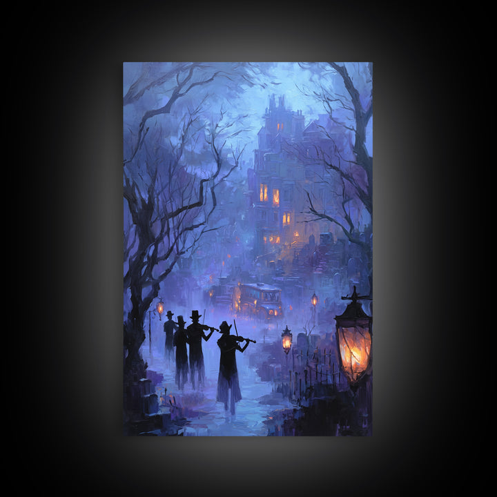 The Ghostly Violin Procession - Environmental Panorama, Spooky Wall Decor, Vertical Wall Art, Framed Canvas Print, Halloween Home Decor