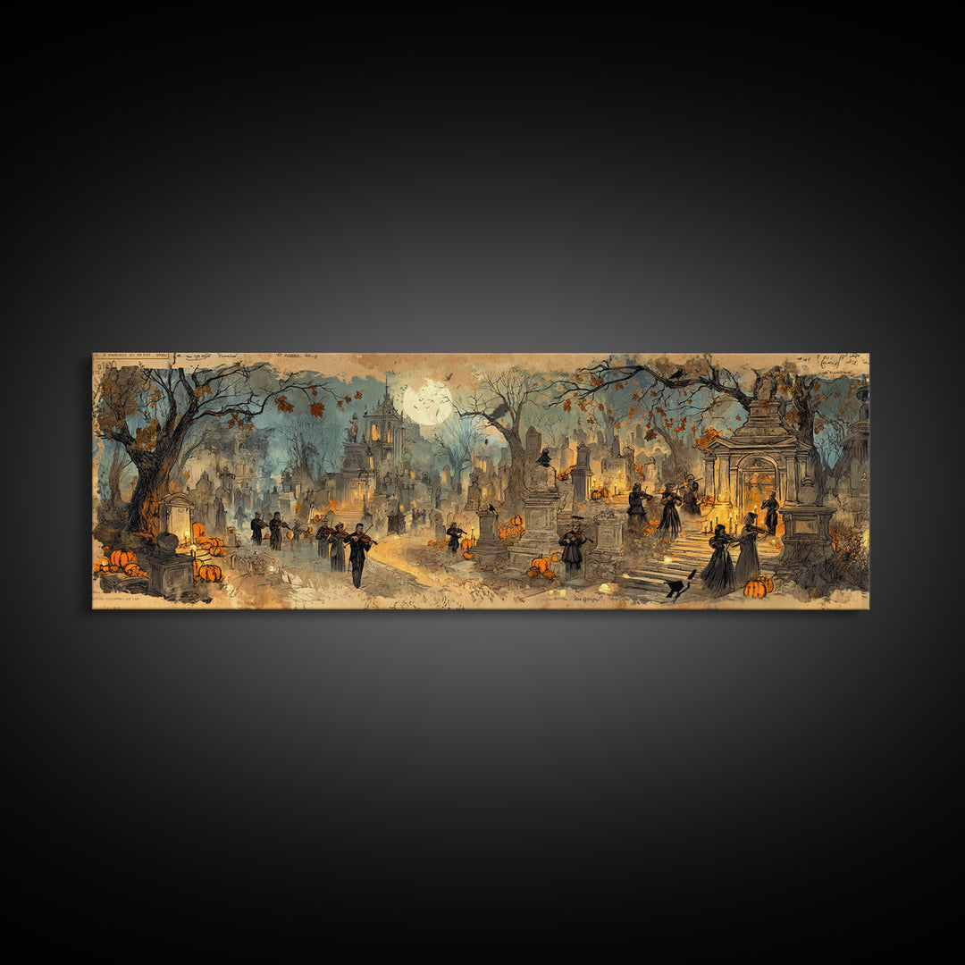The Ghostly Violin Procession - Environmental Panorama, Occult Wall Decor, Extra Wide Wall Art, Canvas Print, Halloween Home Decor