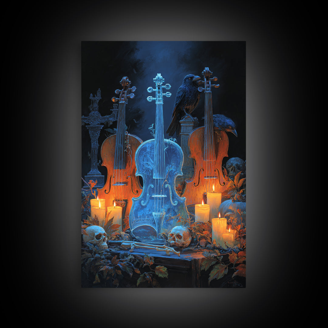 The Ghostly Violin Procession - Occult Still Life, Halloween Wall Art, Vertical Wall Art, Framed Canvas Print, Halloween Home Decor