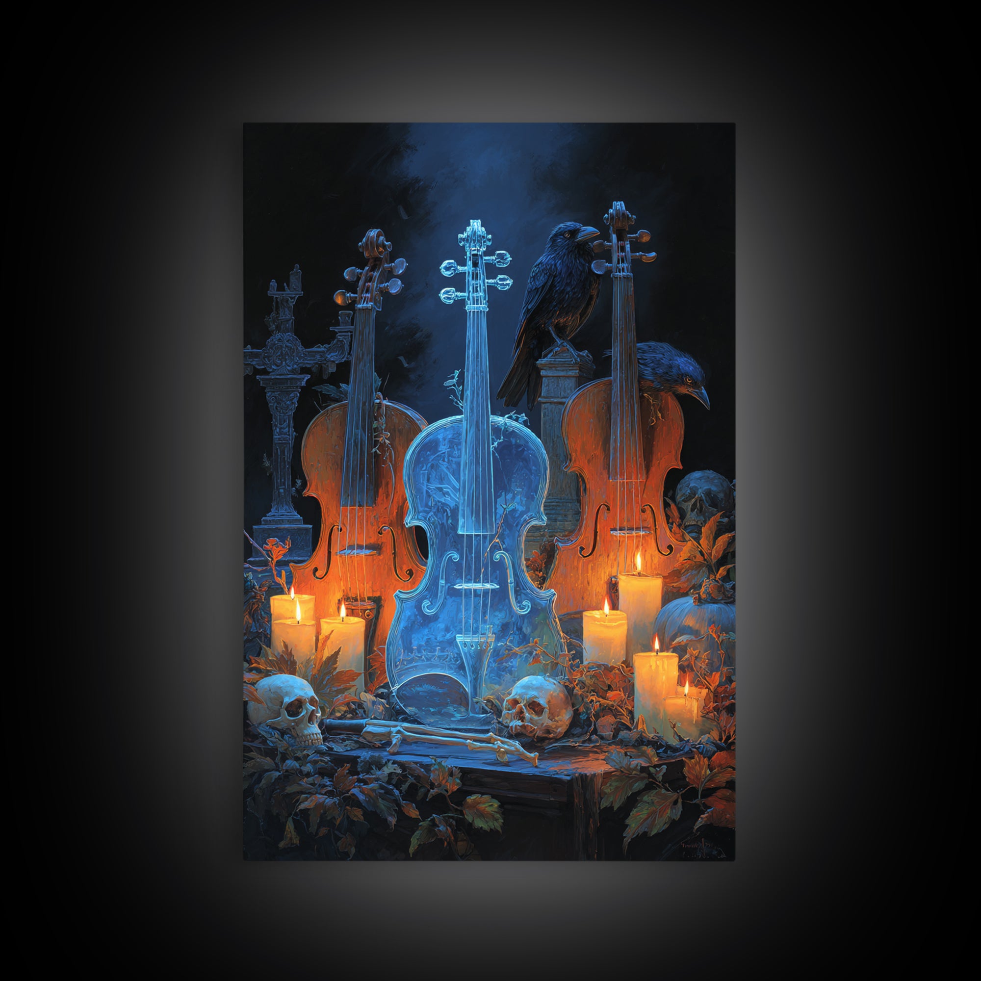 The Ghostly Violin Procession - Occult Still Life, Halloween Wall Art, Vertical Wall Art, Framed Canvas Print, Halloween Home Decor