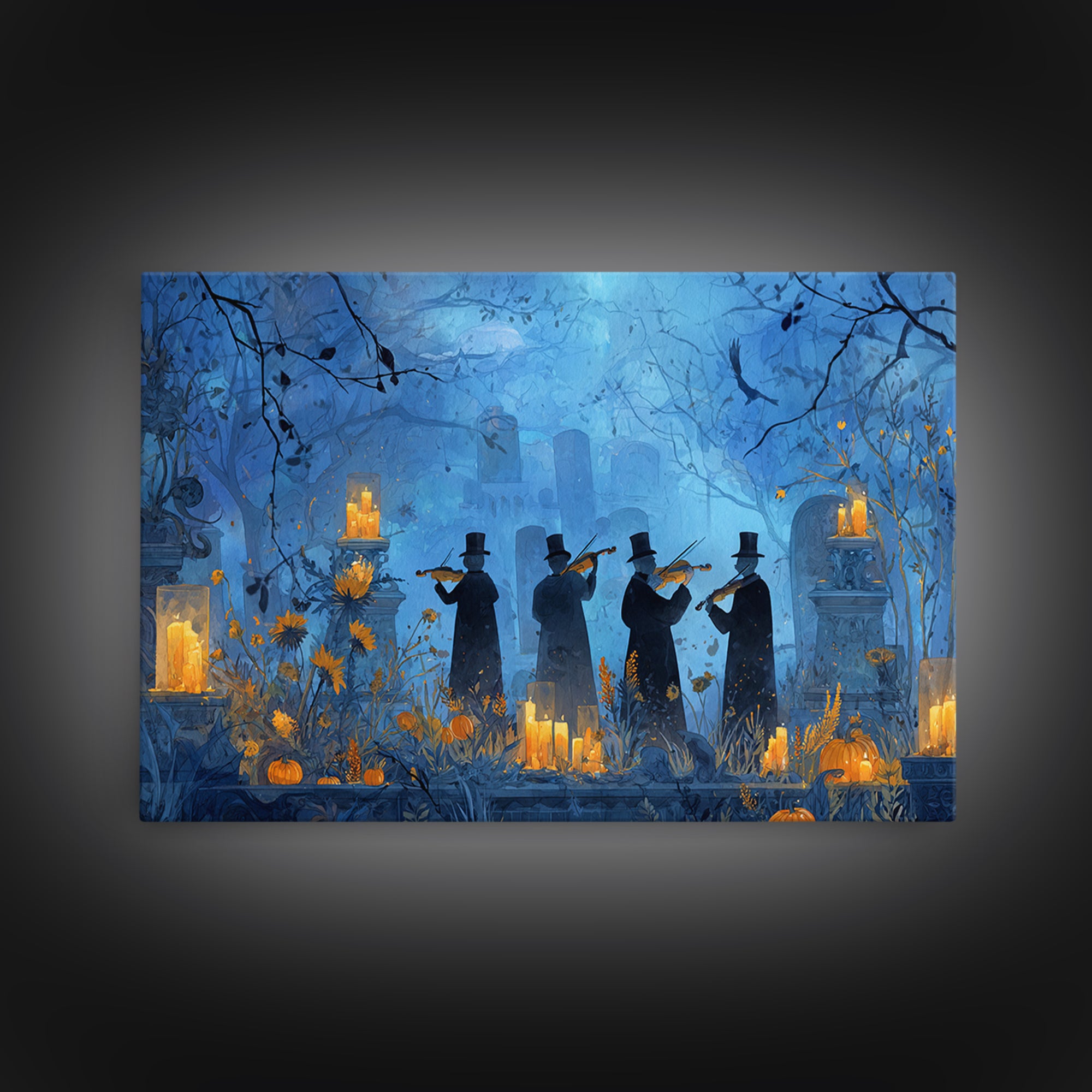 The Ghostly Violin Procession - Occult Still Life, Spooky Wall Decor, Landscape Wall Art, Framed Canvas Print, Halloween Home Decor