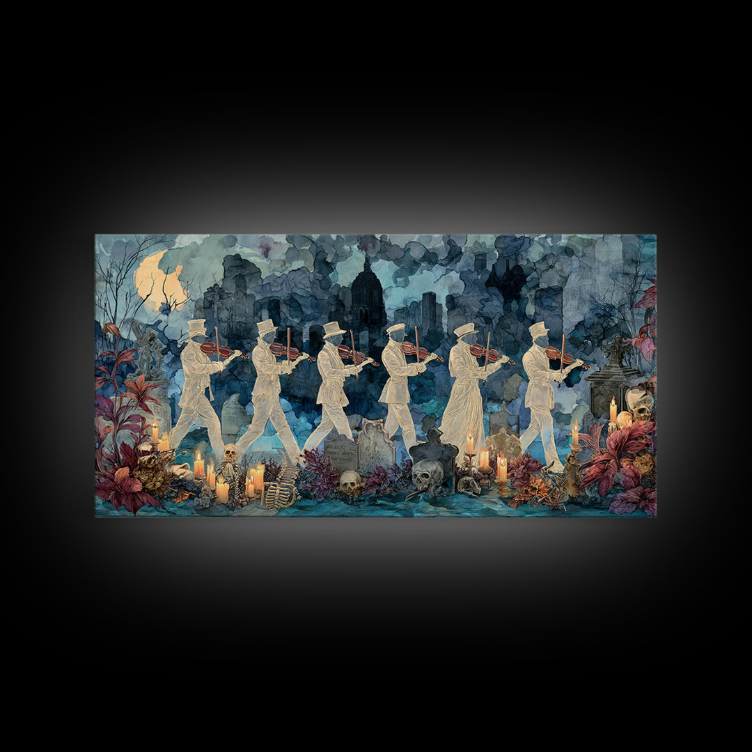 The Ghostly Violin Procession - Occult Still Life, Spooky Wall Decor, Wide Panoramic Art, Framed Canvas Print, Halloween Home Decor